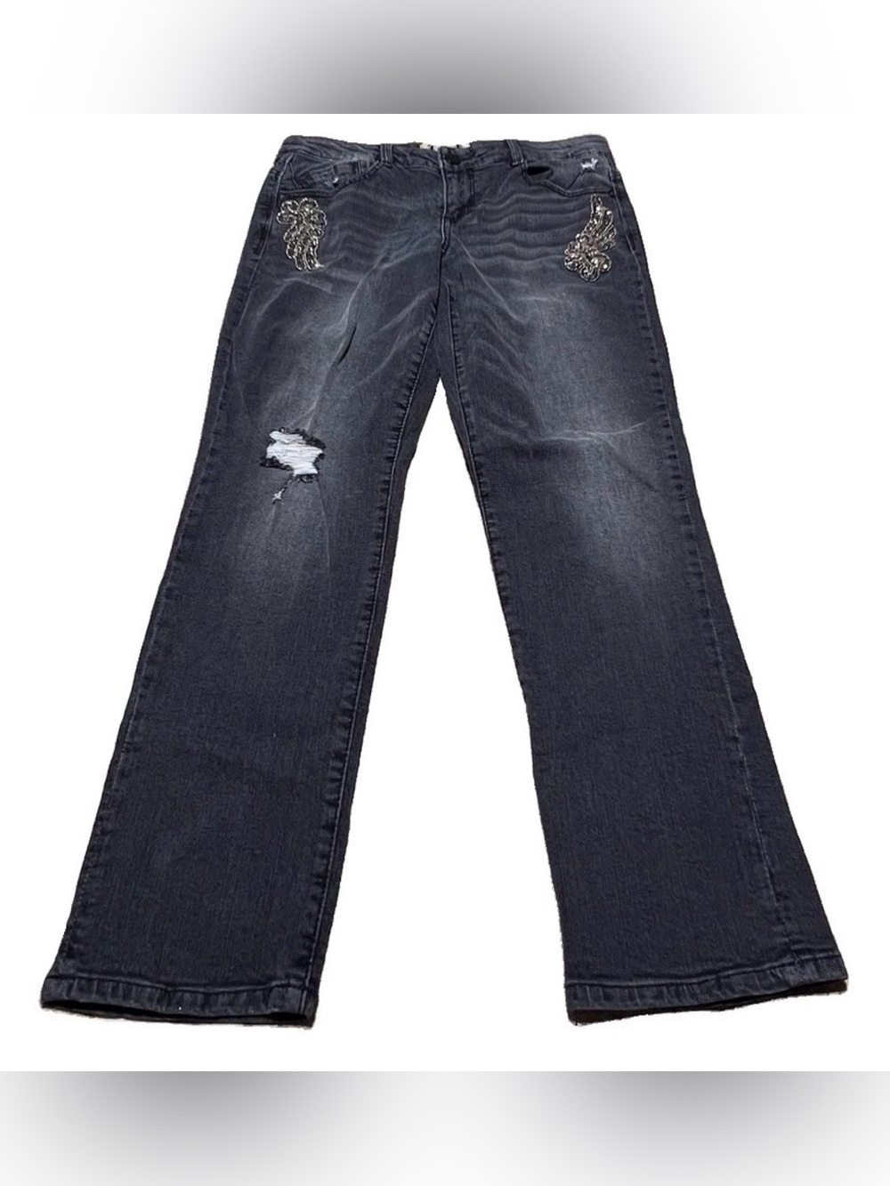 Democracy Flex-ellent Slim Straight Faded Black Jeans Beaded Destructed Size 6